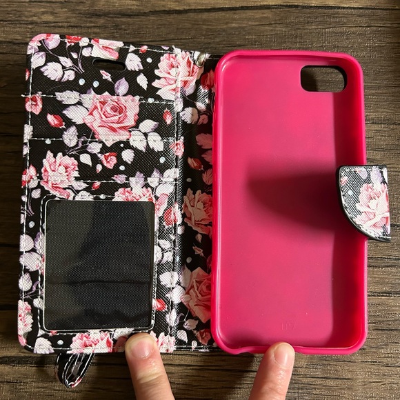 iPhone 7 Floral Black and Pink Phone Wallet Case - Picture 2 of 2